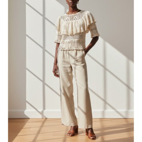 Zara Sheer Crochet Lace Ruffle Knit Top | Boho Romantic Cream Blouse Sz M NEW - Picture 3 of 10